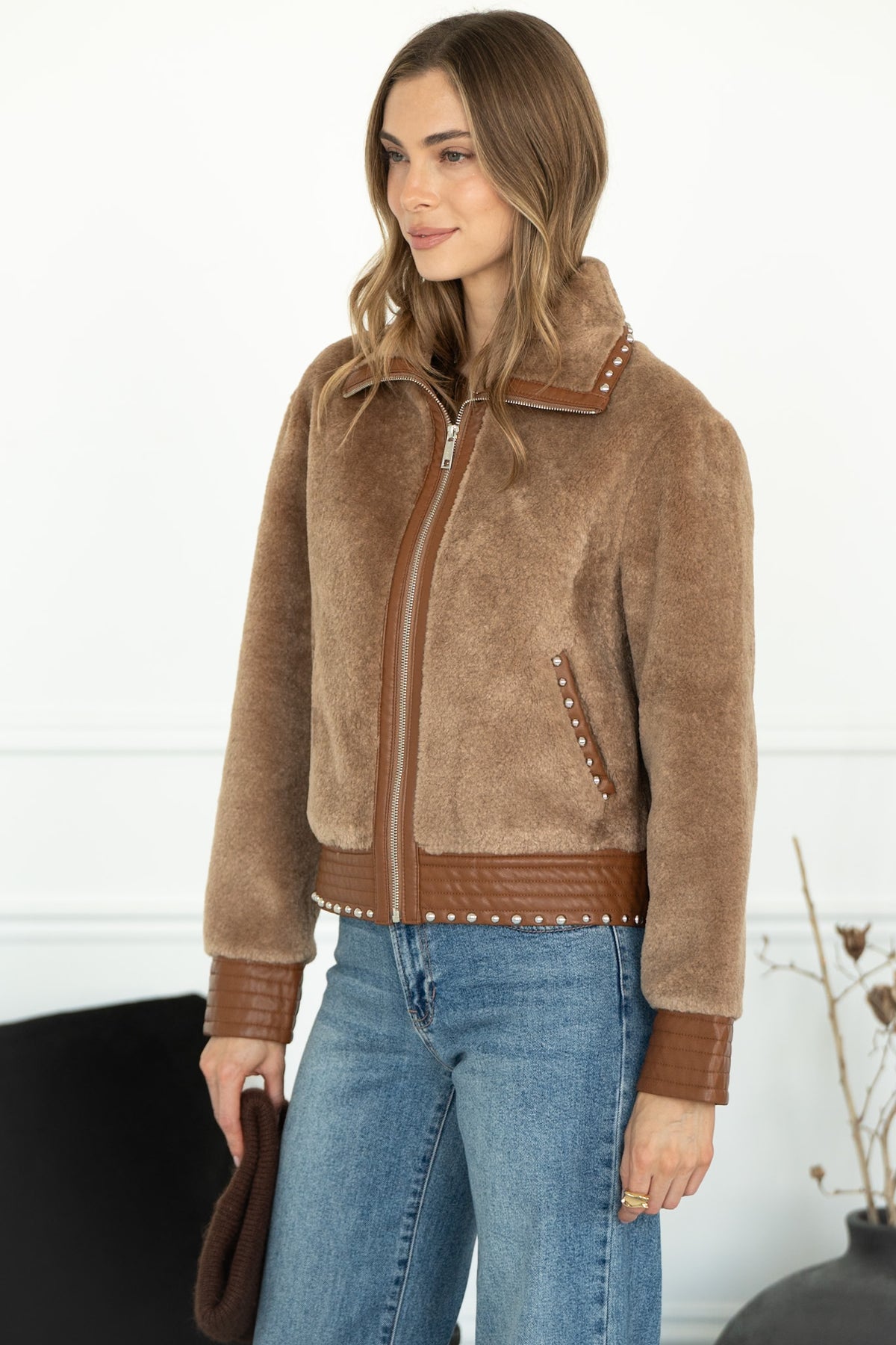 DANISHA FAUX FUR JACKET WITH STUDS IN TOAST