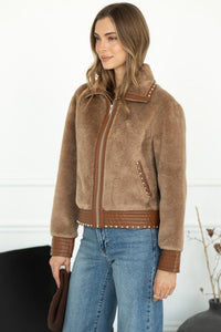 DANISHA FAUX FUR JACKET WITH STUDS IN TOAST