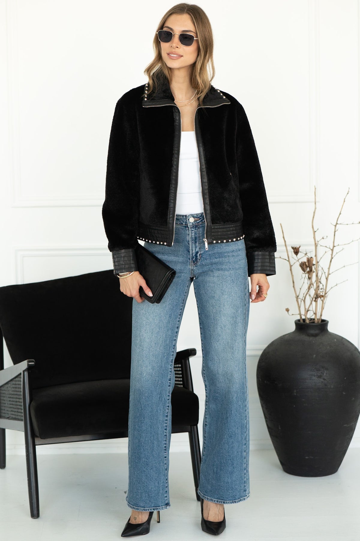 DANISHA FAUX FUR JACKET WITH STUDS IN BLACK