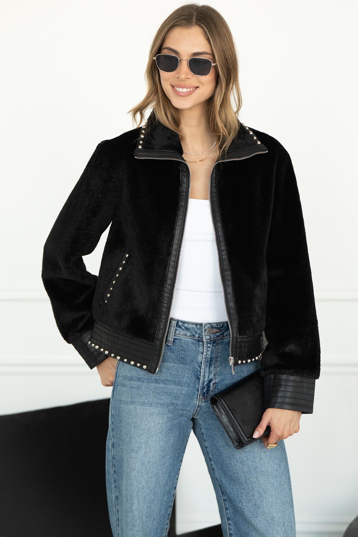 DANISHA FAUX FUR JACKET WITH STUDS IN BLACK