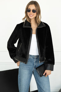 DANISHA FAUX FUR JACKET WITH STUDS IN BLACK