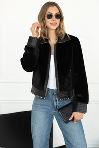 DANISHA FAUX FUR JACKET WITH STUDS IN BLACK