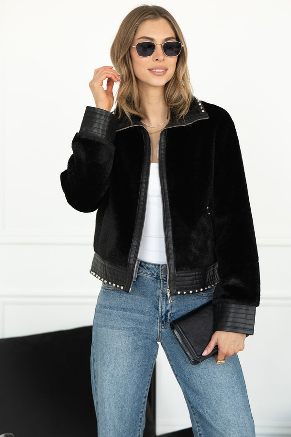 DANISHA FAUX FUR JACKET WITH STUDS IN BLACK