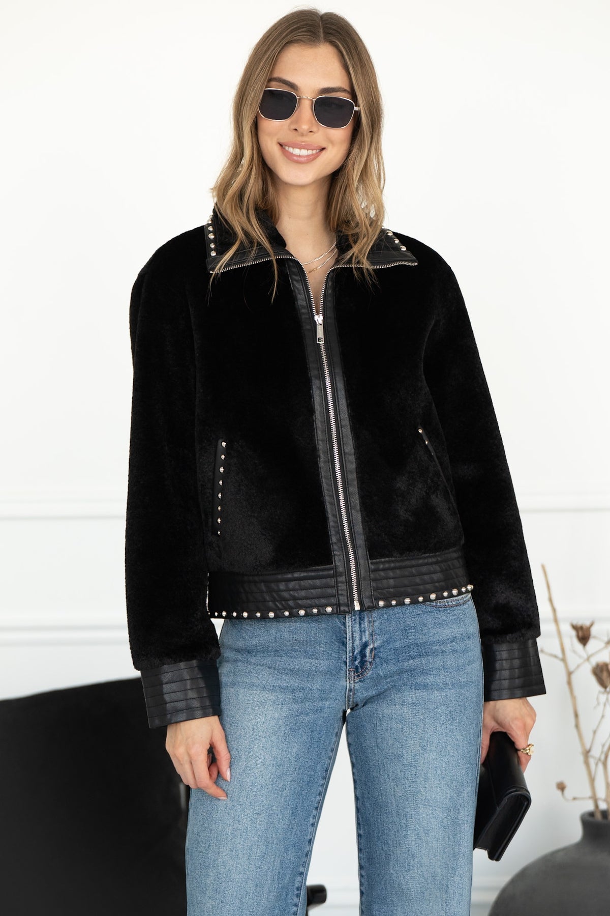 DANISHA FAUX FUR JACKET WITH STUDS IN BLACK
