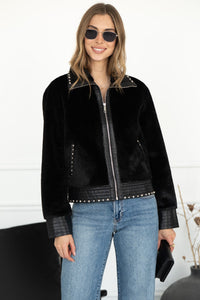 DANISHA FAUX FUR JACKET WITH STUDS IN BLACK