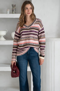 NOLA MULTI STRIPE V NECK SWEATER