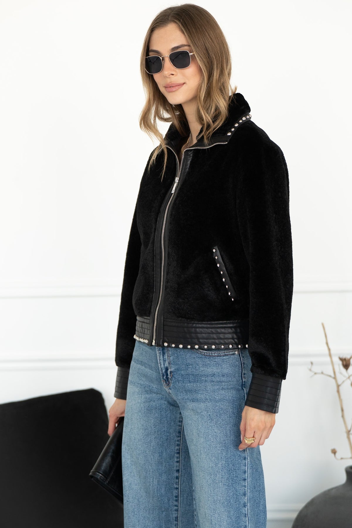 DANISHA FAUX FUR JACKET WITH STUDS IN BLACK