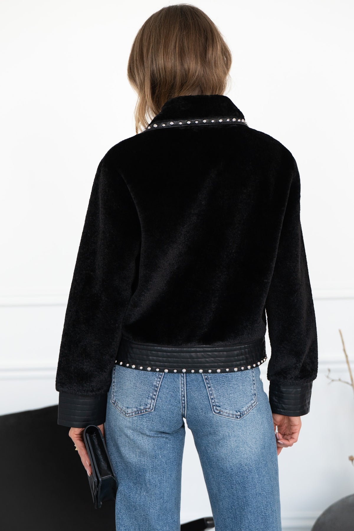 DANISHA FAUX FUR JACKET WITH STUDS IN BLACK