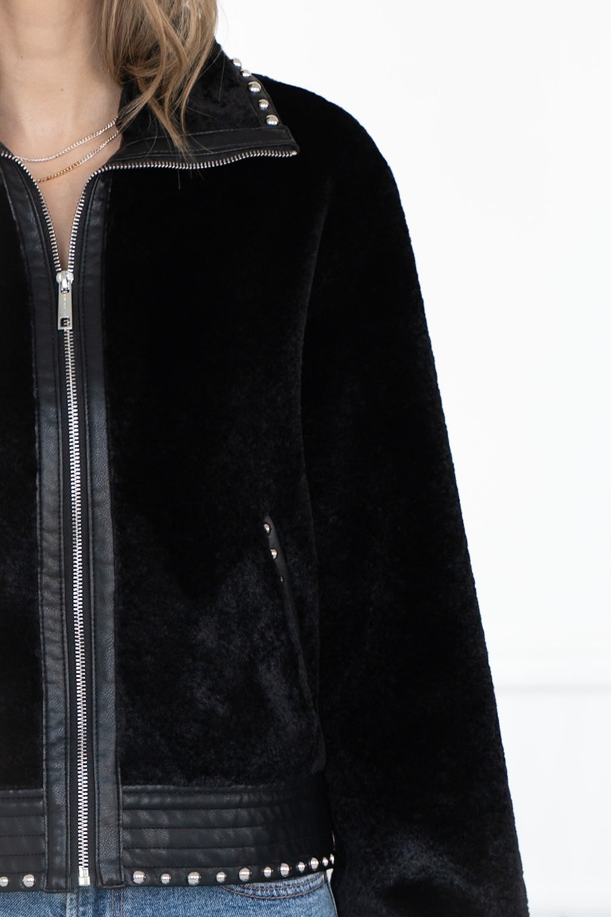 DANISHA FAUX FUR JACKET WITH STUDS IN BLACK
