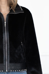 DANISHA FAUX FUR JACKET WITH STUDS IN BLACK