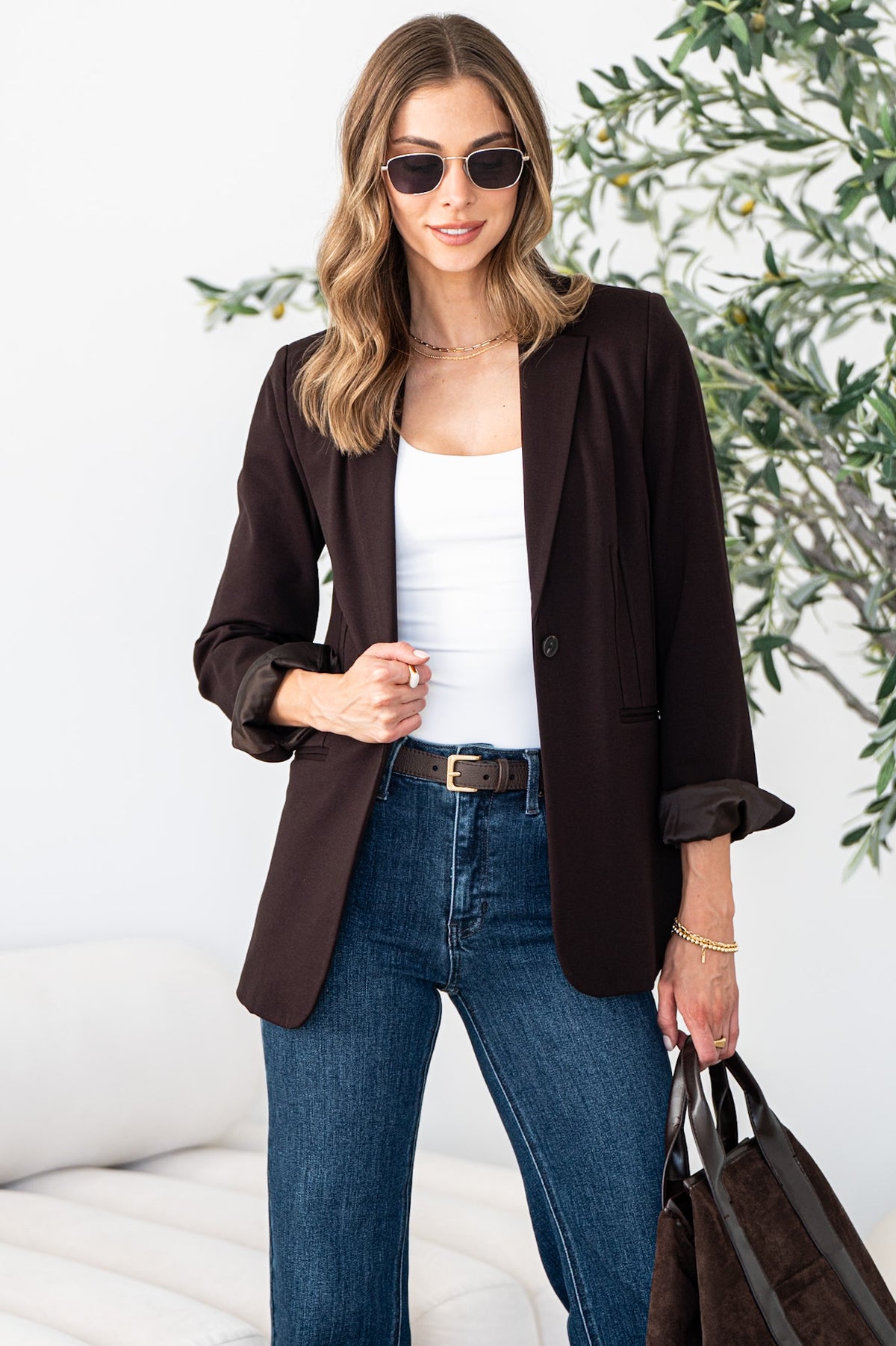 VALE PONTE FIT AND FLARE BLAZER IN BROWN