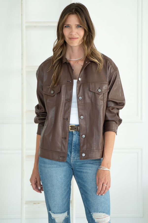 AURORA FAUX LEATHER DENIM JACKET