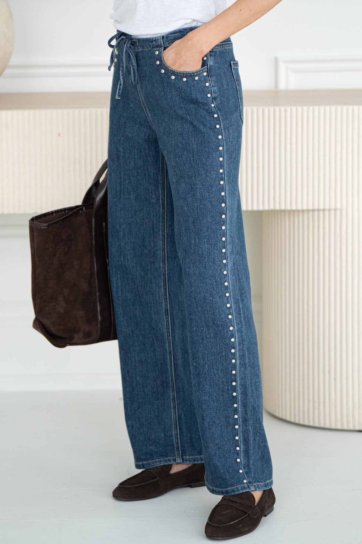 TUCKER STUDDED WIDE LEG JEANS