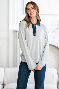 THEORY TOP WITH CONTRAST DENIM POLO