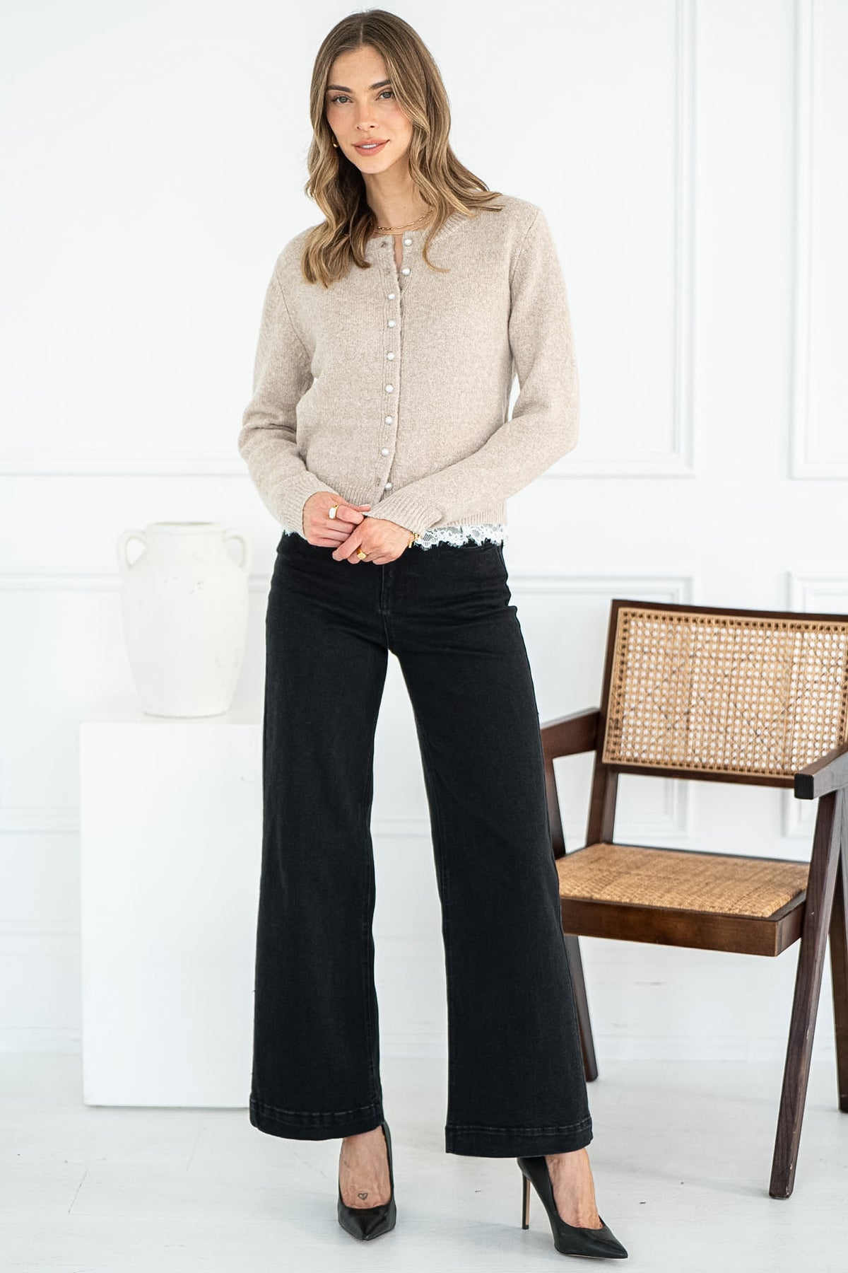 AVIVA LACE TRIM PEARL BUTTON CARDIGAN