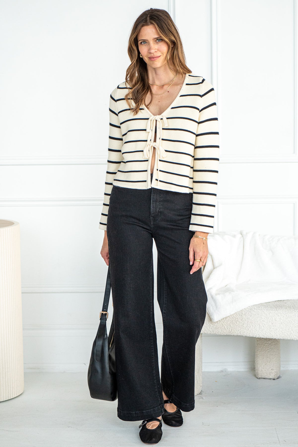 COTTON TIE FRONT STRIPE SWEATER