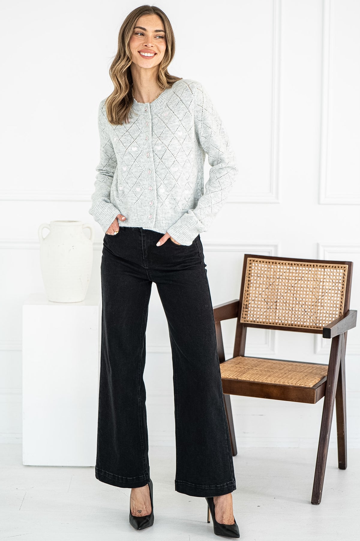 LACEY CRYSTAL HEART BUTTON CARDIGAN