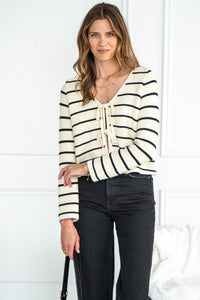 COTTON TIE FRONT STRIPE SWEATER