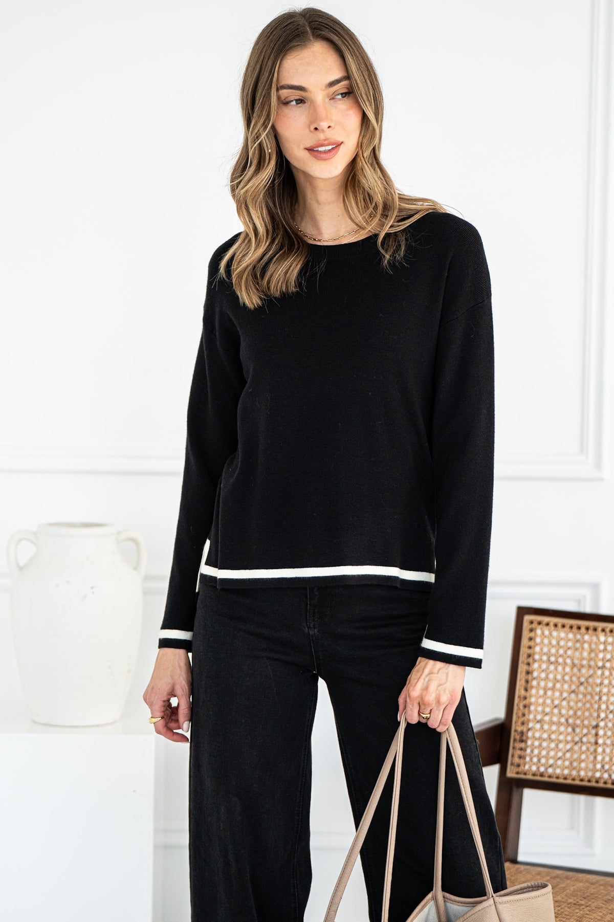 BIRDIE STRIPE TRIM SWEATER