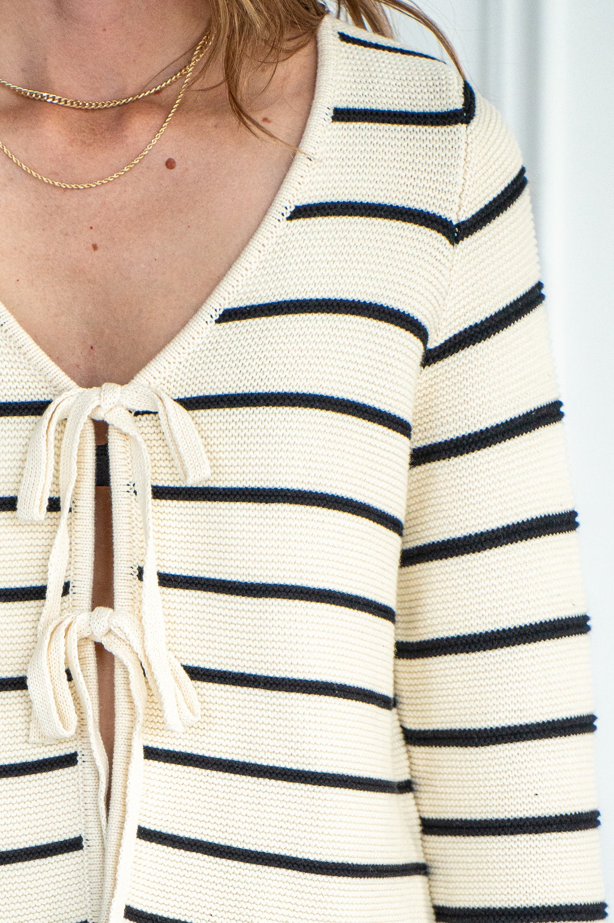 COTTON TIE FRONT STRIPE SWEATER