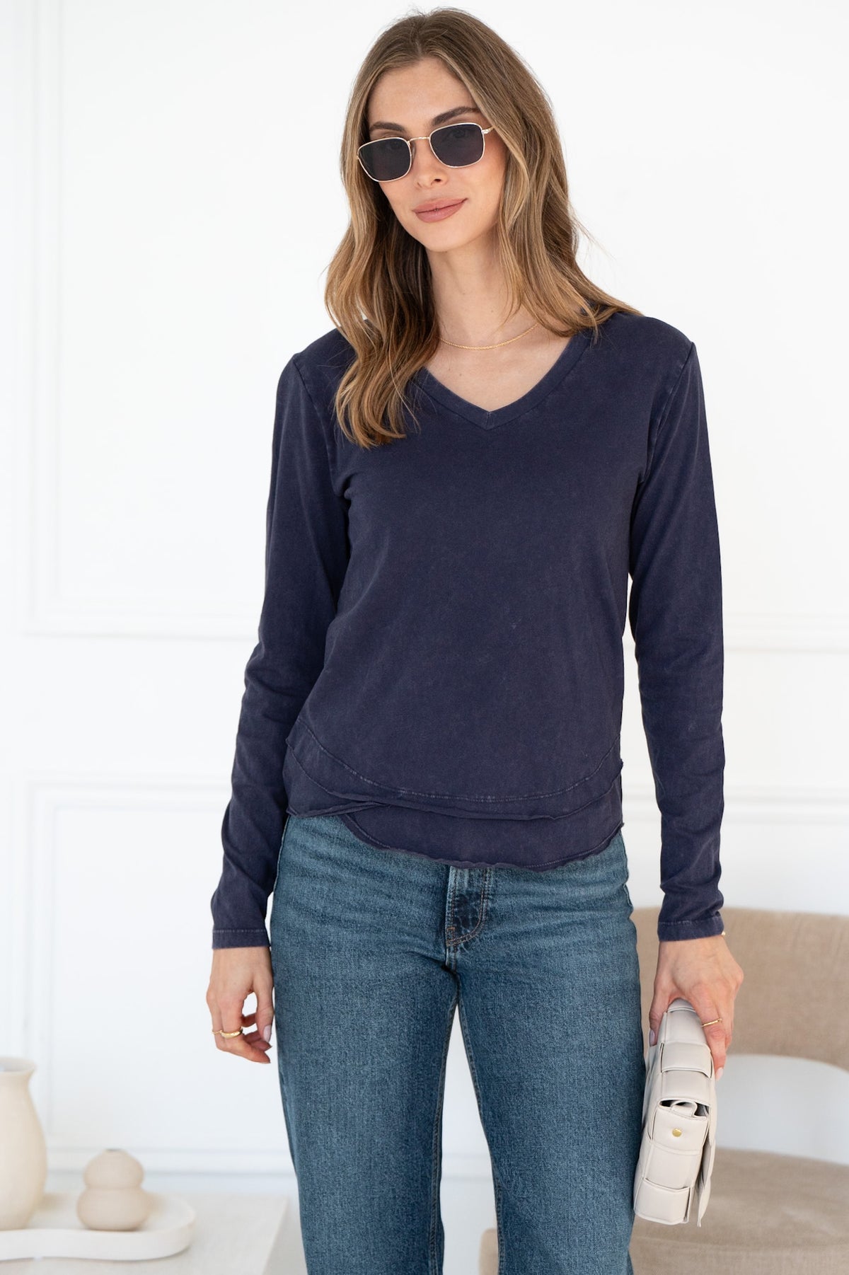 AVA V NECK LONG SLEEVE TEE IN INDIGO