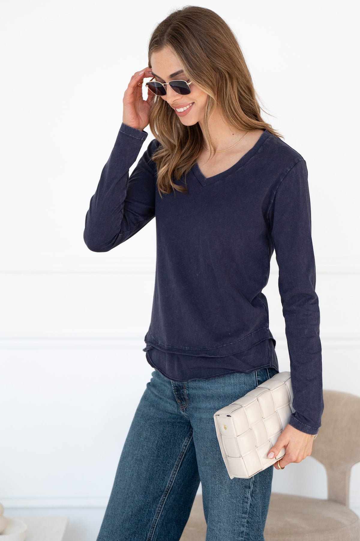 AVA V NECK LONG SLEEVE TEE IN INDIGO
