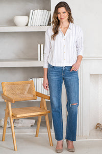 RIVERSIDE LINEN BLEND STRIPE BLOUSE-WH
