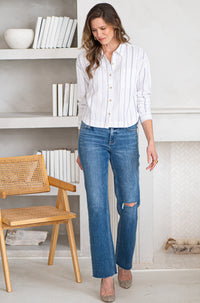 RIVERSIDE LINEN BLEND STRIPE BLOUSE-WH