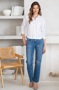 RIVERSIDE LINEN BLEND STRIPE BLOUSE-WH