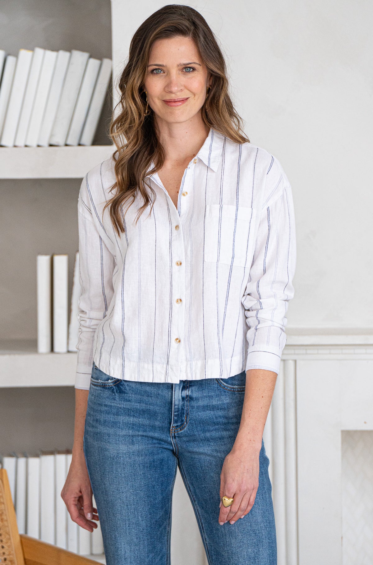 RIVERSIDE LINEN BLEND STRIPE BLOUSE-WH