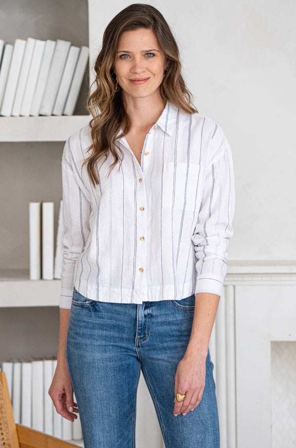 RIVERSIDE LINEN BLEND STRIPE BLOUSE-WH