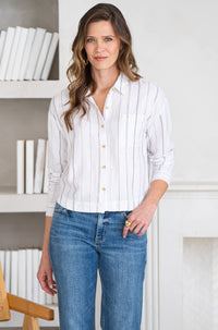 RIVERSIDE LINEN BLEND STRIPE BLOUSE-WH