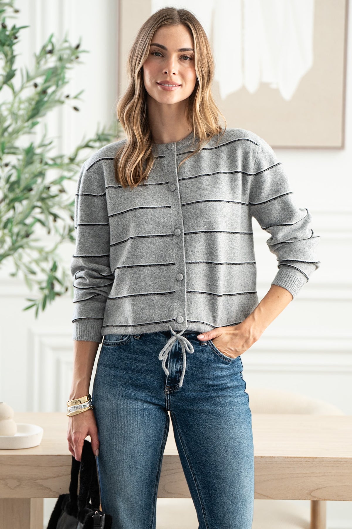LASZLO STRIPE CARDIGAN WITH DRAWSTRING