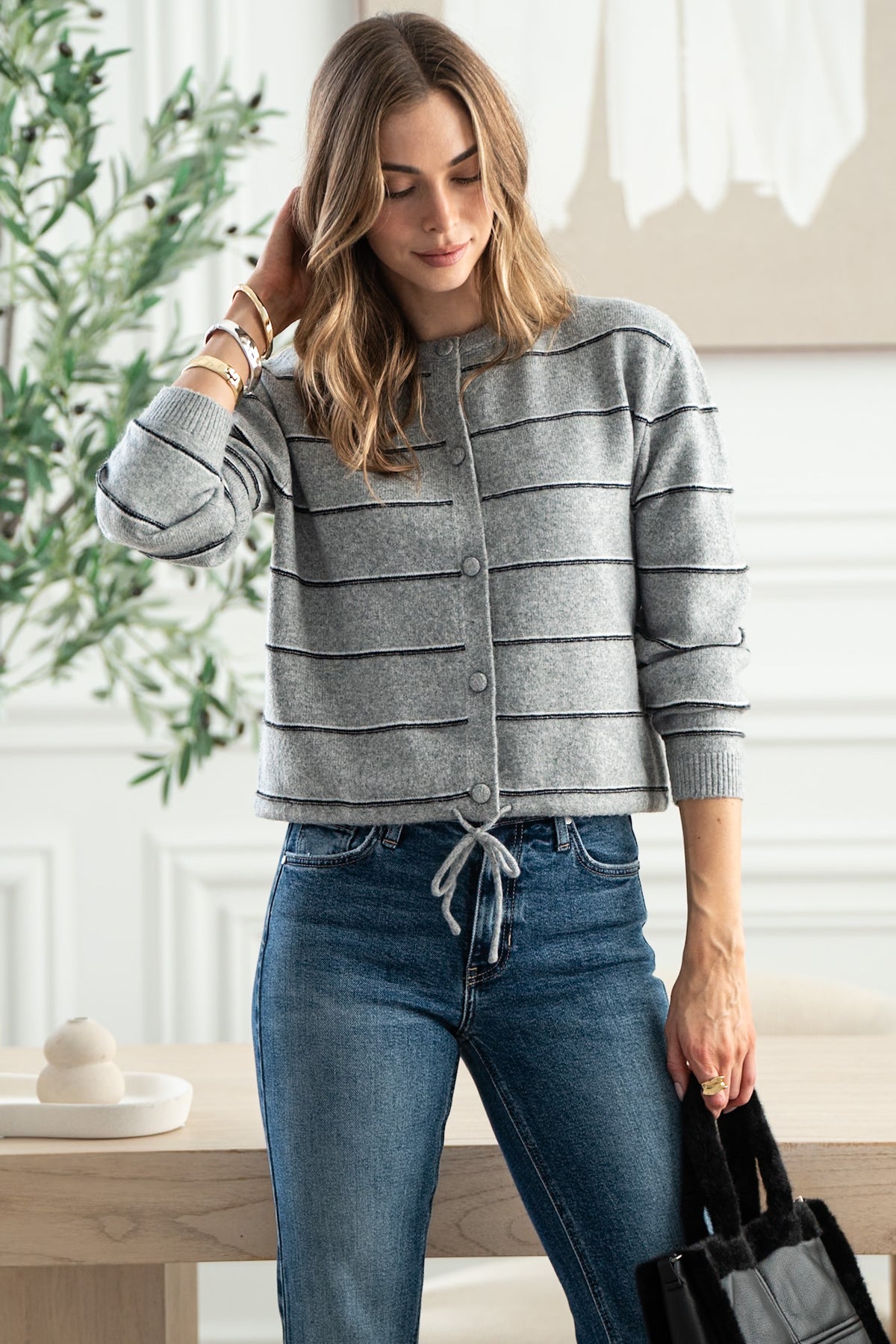 LASZLO STRIPE CARDIGAN WITH DRAWSTRING