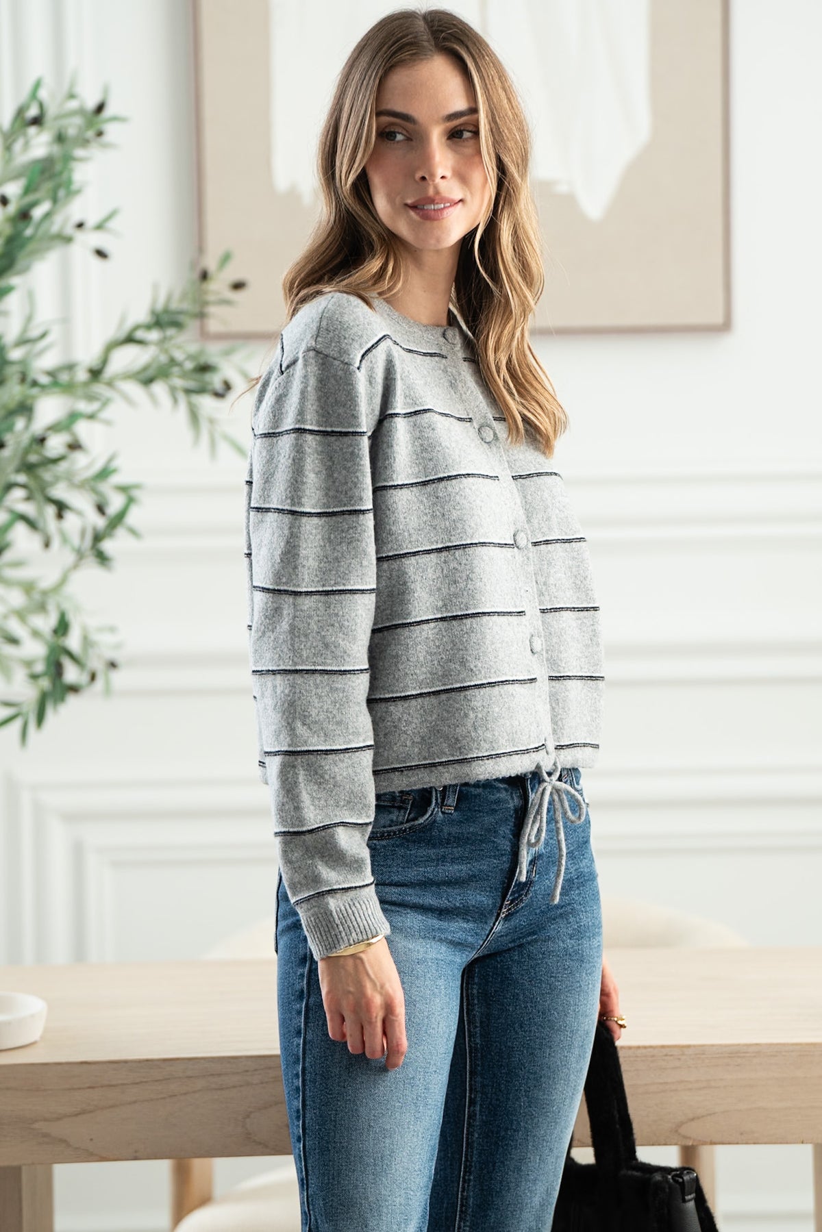 LASZLO STRIPE CARDIGAN WITH DRAWSTRING