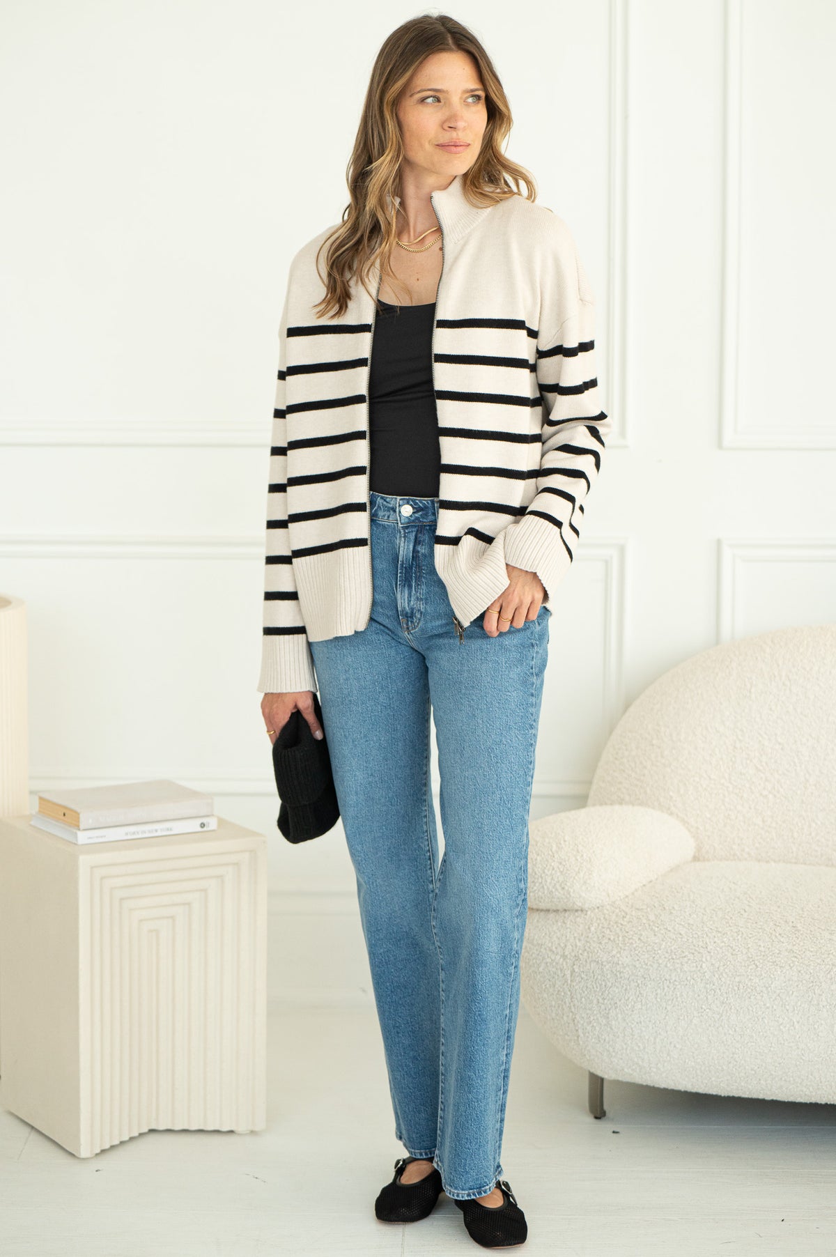 ON THE MOVE STRIPE MOCKNECK CARDIGAN