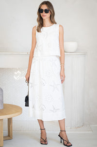 AVELINE EYELET MIDI SKIRT-WH