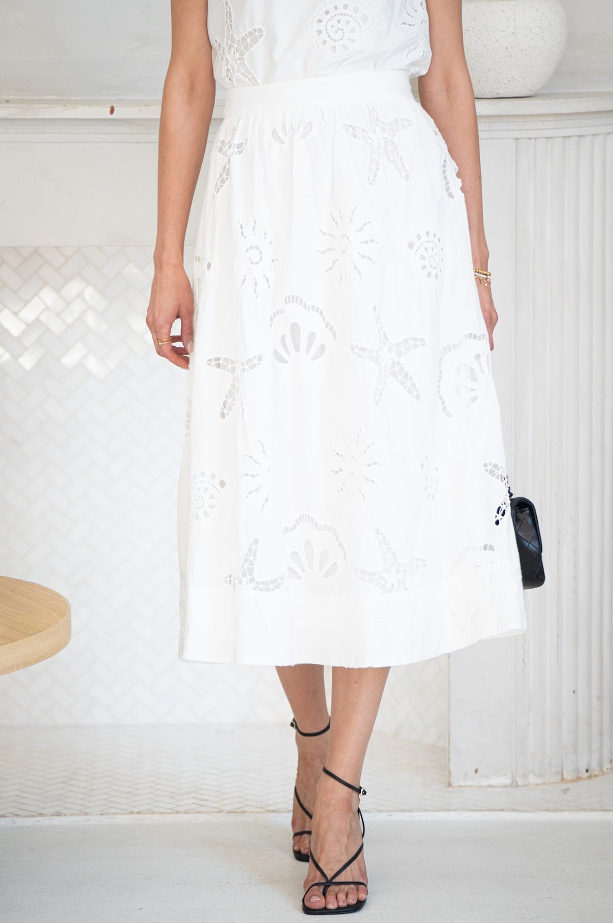 AVELINE EYELET MIDI SKIRT-WH