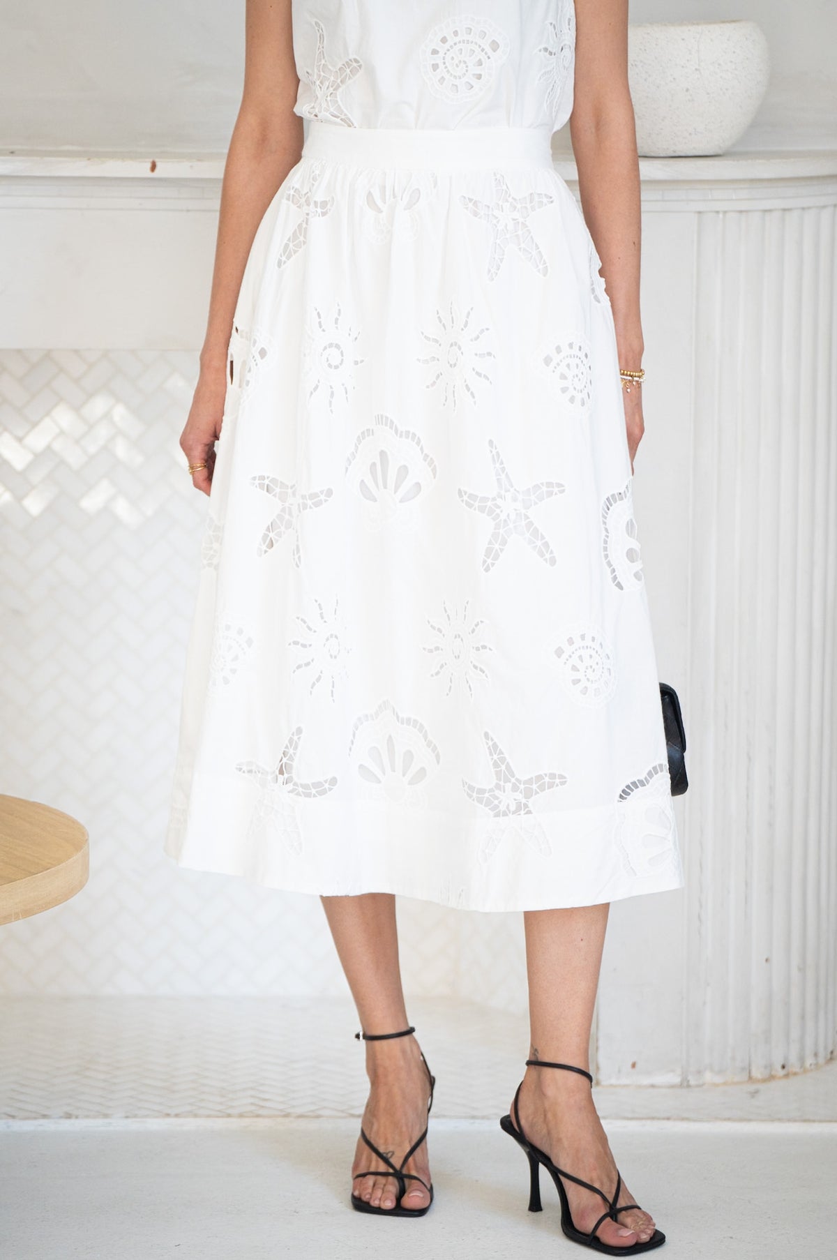AVELINE EYELET MIDI SKIRT-WH