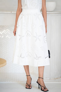 AVELINE EYELET MIDI SKIRT-WH