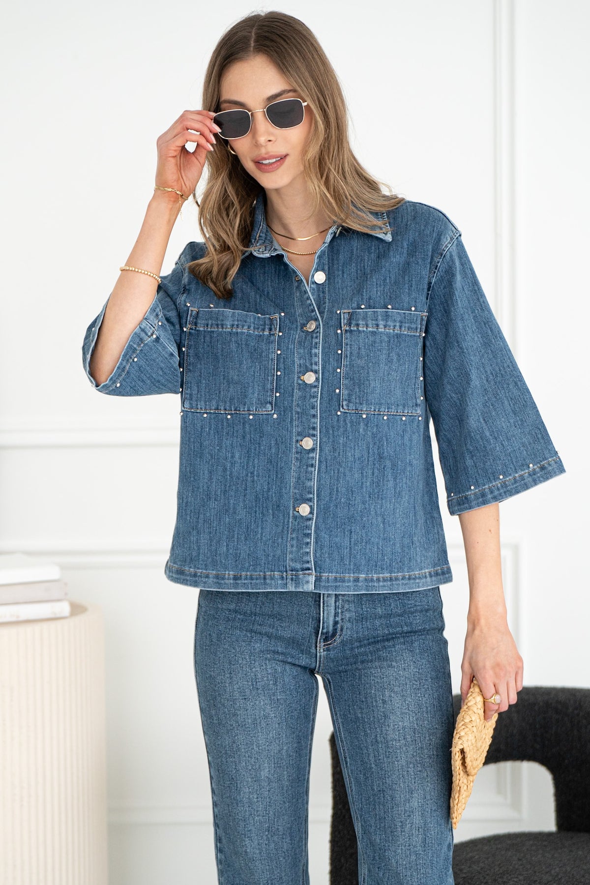MAYGEN STUD S/S DENIM TOP