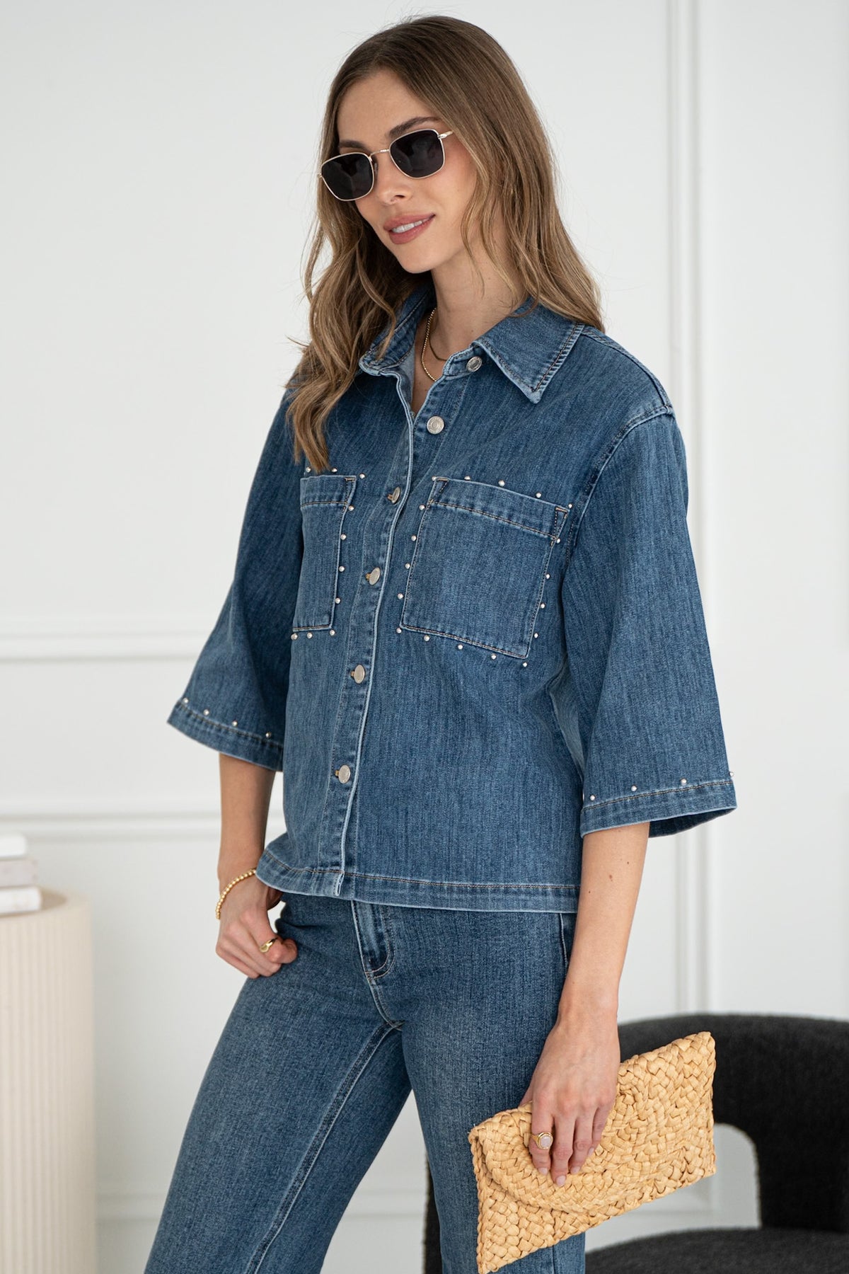 MAYGEN STUD S/S DENIM TOP