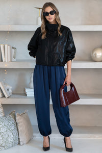 LOVE LETTER SATIN BALLOON PANTS IN NAVY