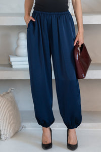LOVE LETTER SATIN BALLOON PANTS IN NAVY