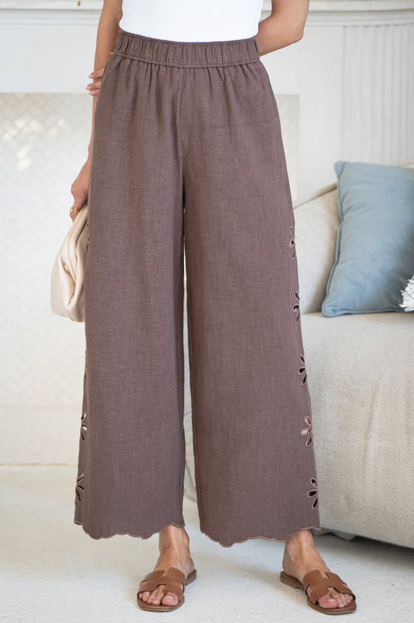 BLOOM EMBROIDERED COTTON LINEN PANTS
