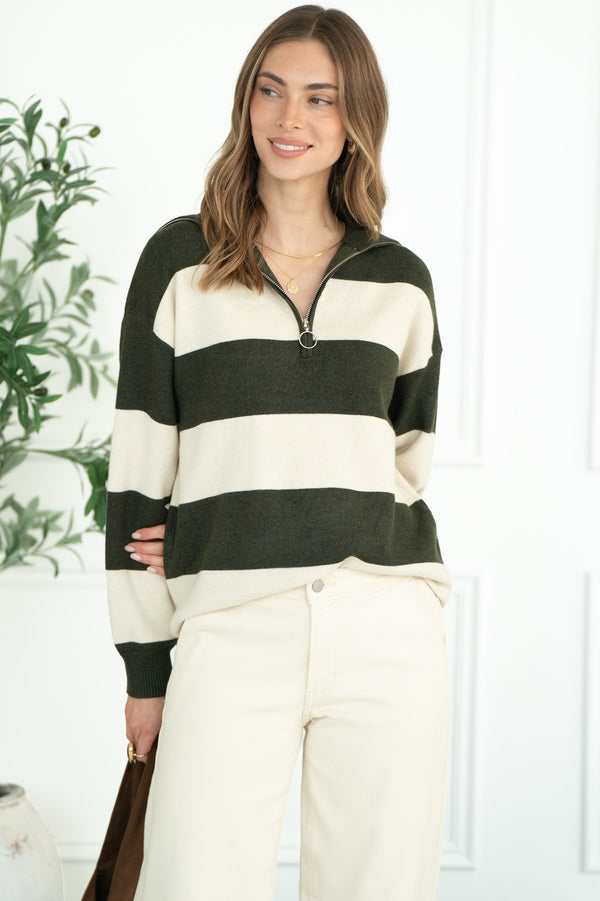 REMEDY STRIPE HALF ZIP SWEATER