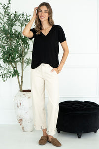 EFFORTLESS V NECK COTTON TEE IN BLACK