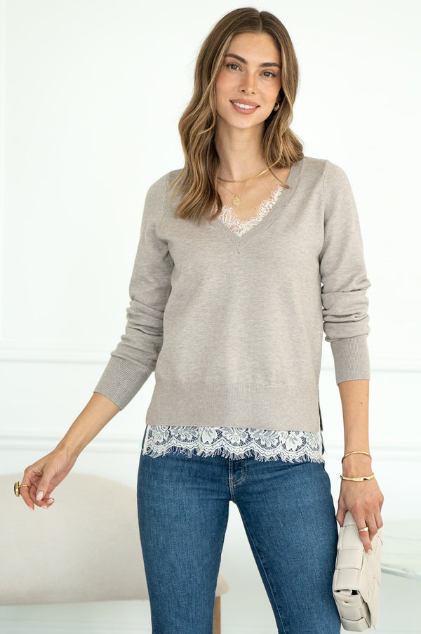 HOLLY V NECK LACE TRIM SWEATER