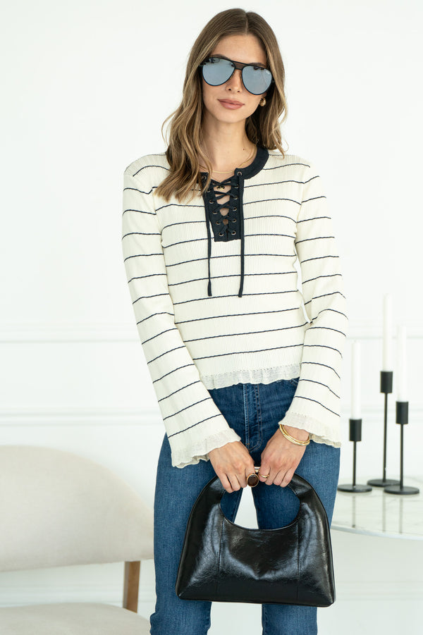 DAWN LACE UP STRIPE SWEATER