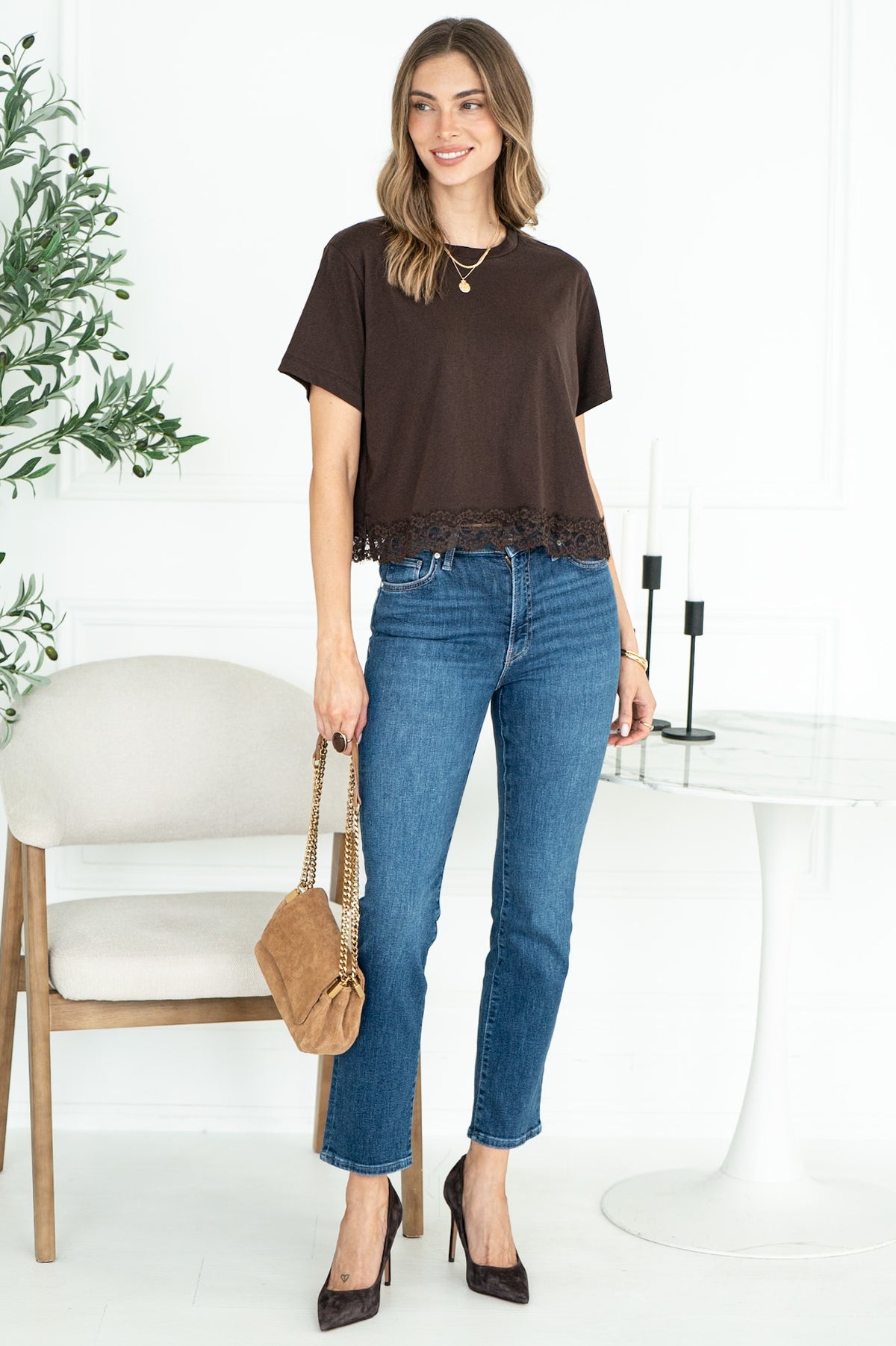 LAINEY LACE TRIM TEE IN JAVA